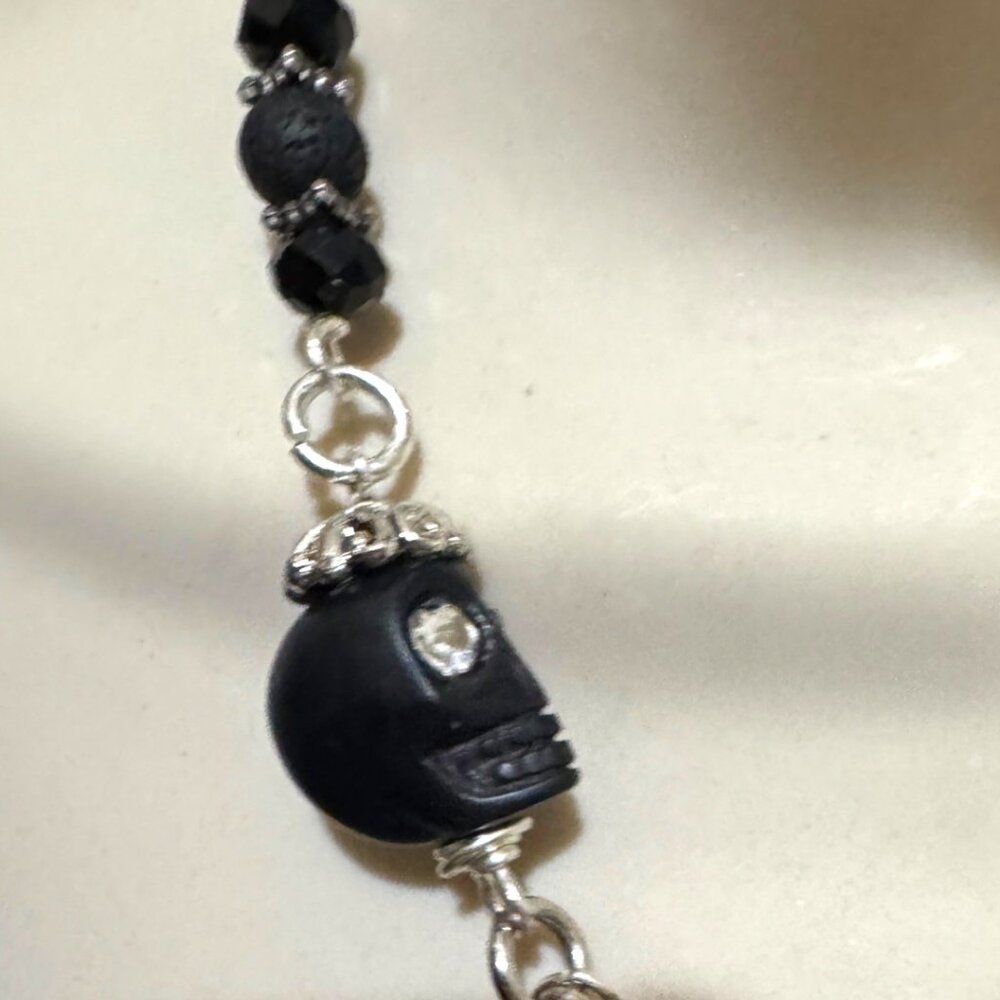 Gothic Black Faceted Onyx Artisan Bezel w. Skulls Crystal & Lava Rocks  Necklace - Picture 7 of 13